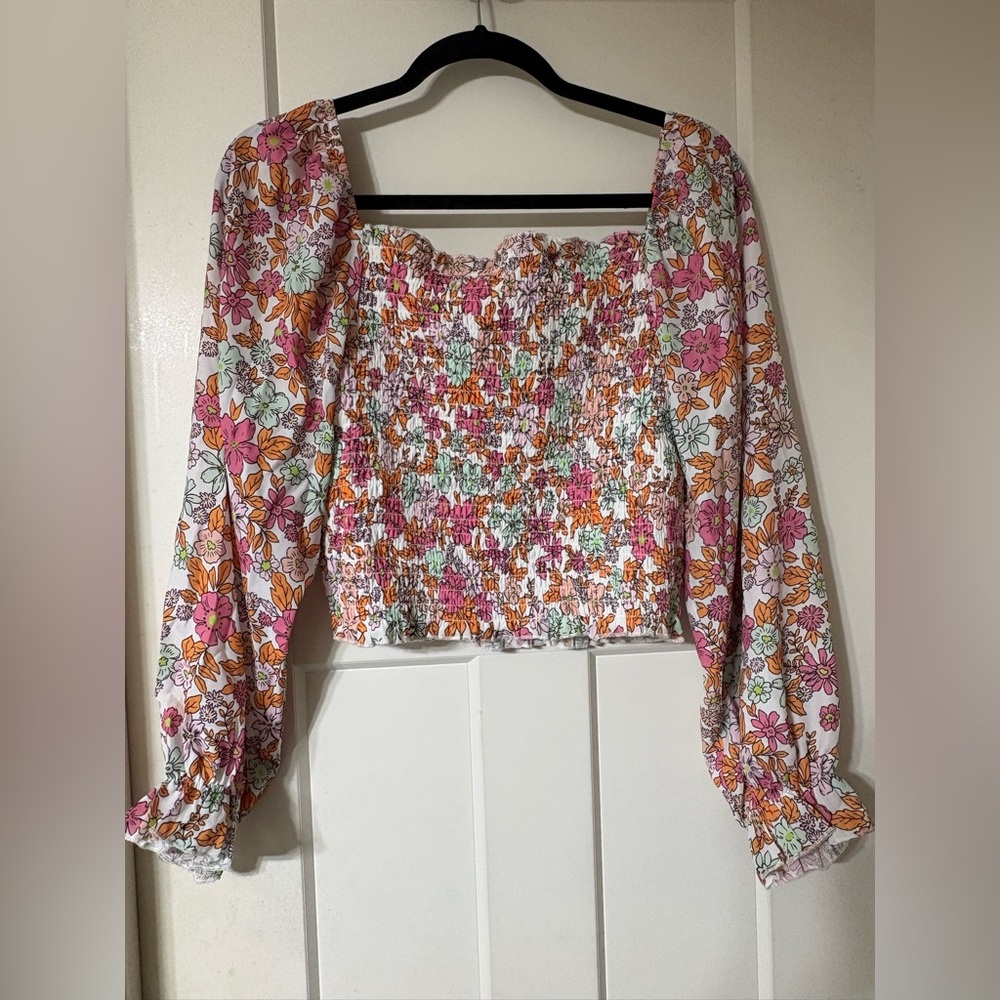 Pink Lily Floral Smocked Square-Neck Long Sleeve Crop Top